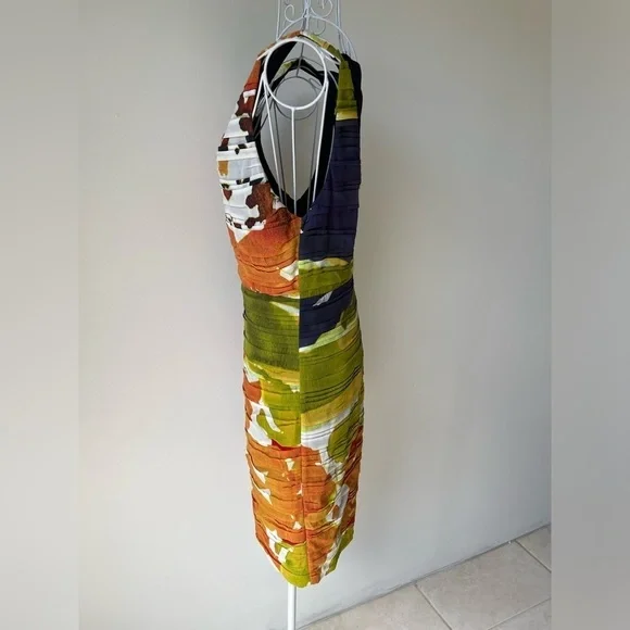 Alice + Olivia Valerie Silk Ruched Mesh Orange White Green Sleeveless Dress SZ 6 - Picture 11 of 12